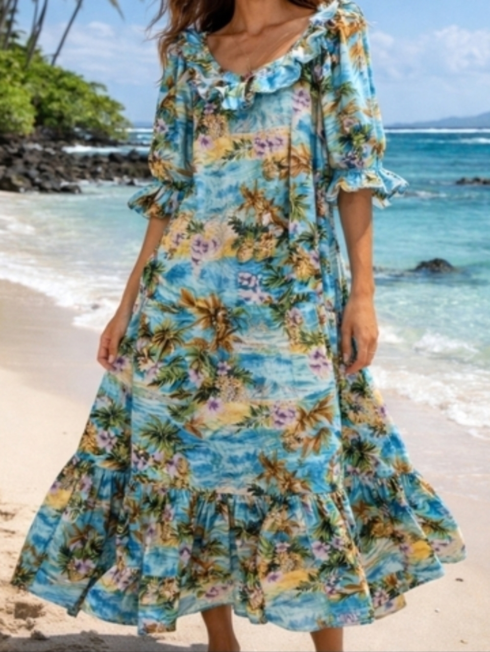 Hilo Hattie Hawaiian 100% Cotton Tropical Pineapple Hibiscus Maxi Dress